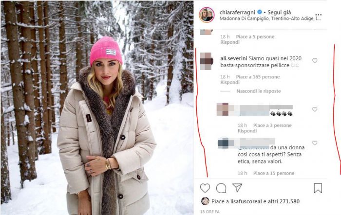 Chiara Ferragni travolta dalle polemiche per una foto su Instagram in cui si mostra con indosso un capo in pelliccia. 