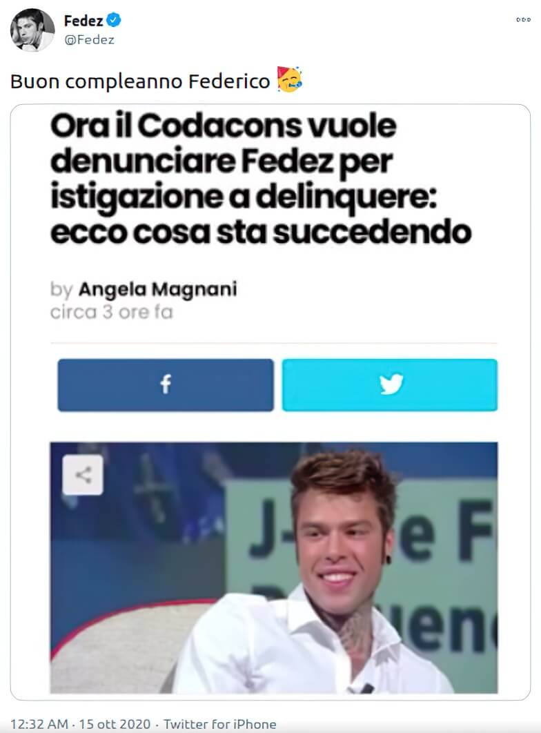 fedez compleanno codacons