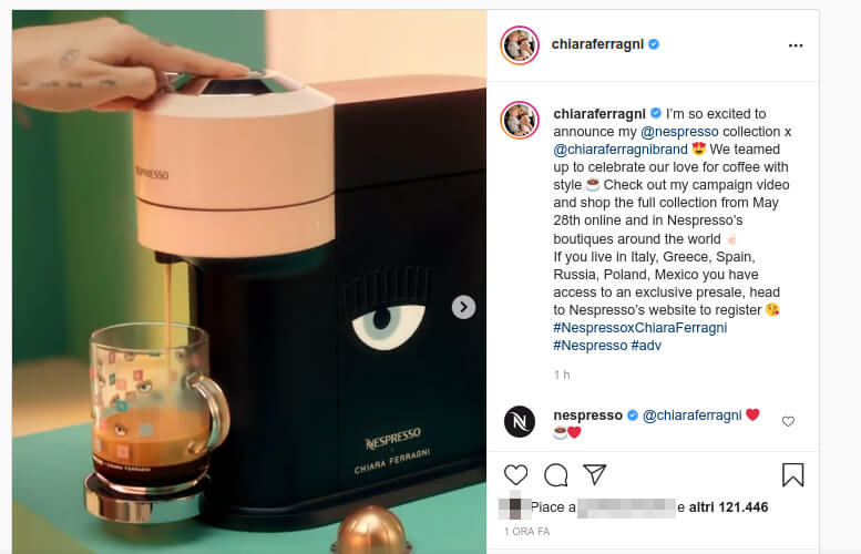 Il caffè Nespresso - Chiara Ferragni costa parecchio più degli altri